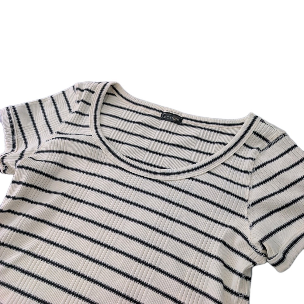 MOTHER The Itty Bitty Cotton-Blend Scoopneck Top Black White Striped Women's L